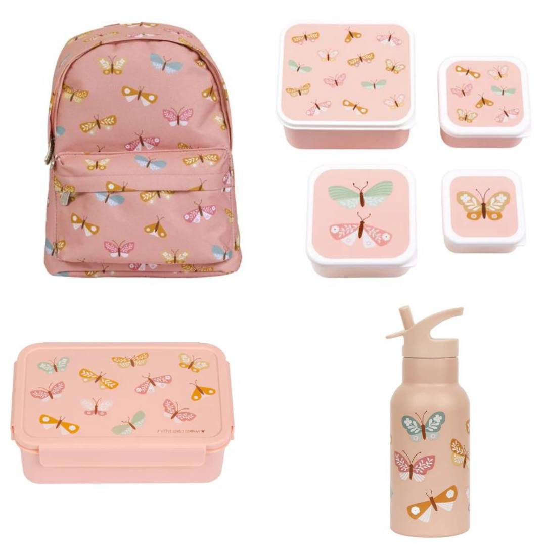 A Little Lovely Company Back to school set - Rugzak/Drinkfles RVS/4 Snackdozen/Bentobox - Vlinders