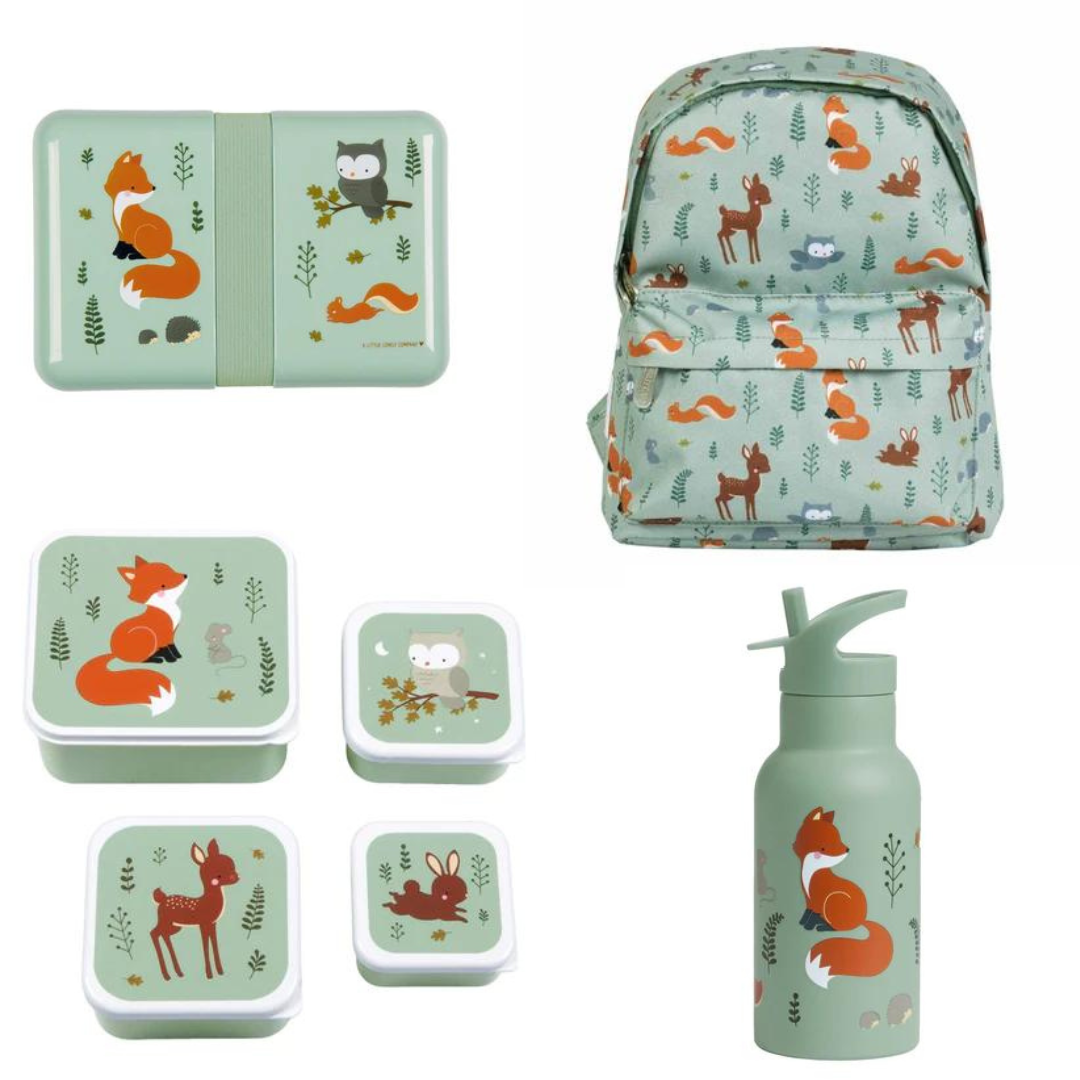 A Little Lovely Company Back to school set - Rugzak/Drinkfles RVS/4 Snackdozen/Lunchbox - Bosvriendjes