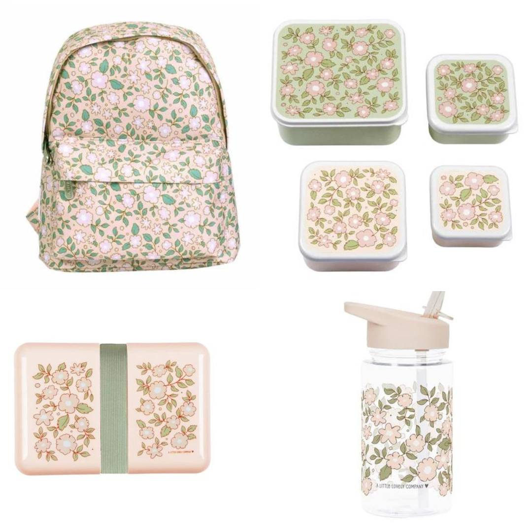 A Little Lovely Company Back to school set - Rugzak/Drinkfles/4 Snackdozen/Lunchbox - Bloesems Roze