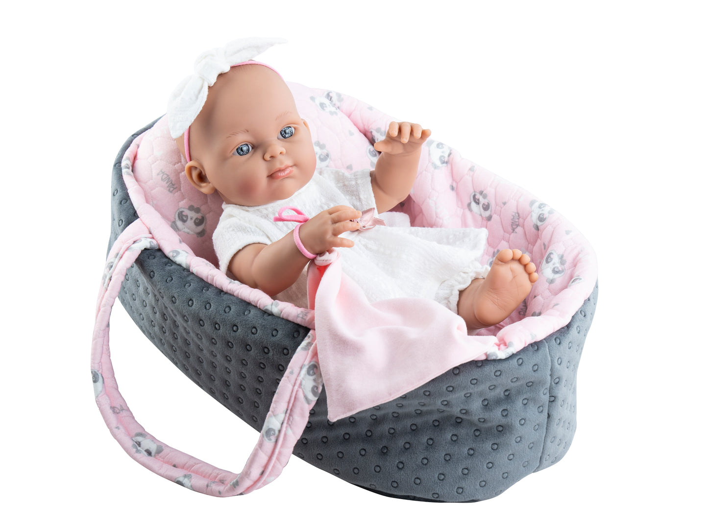 Paola Reina Minipikolines babypop blank meisje met blauwe ogen met reiswieg 32cm