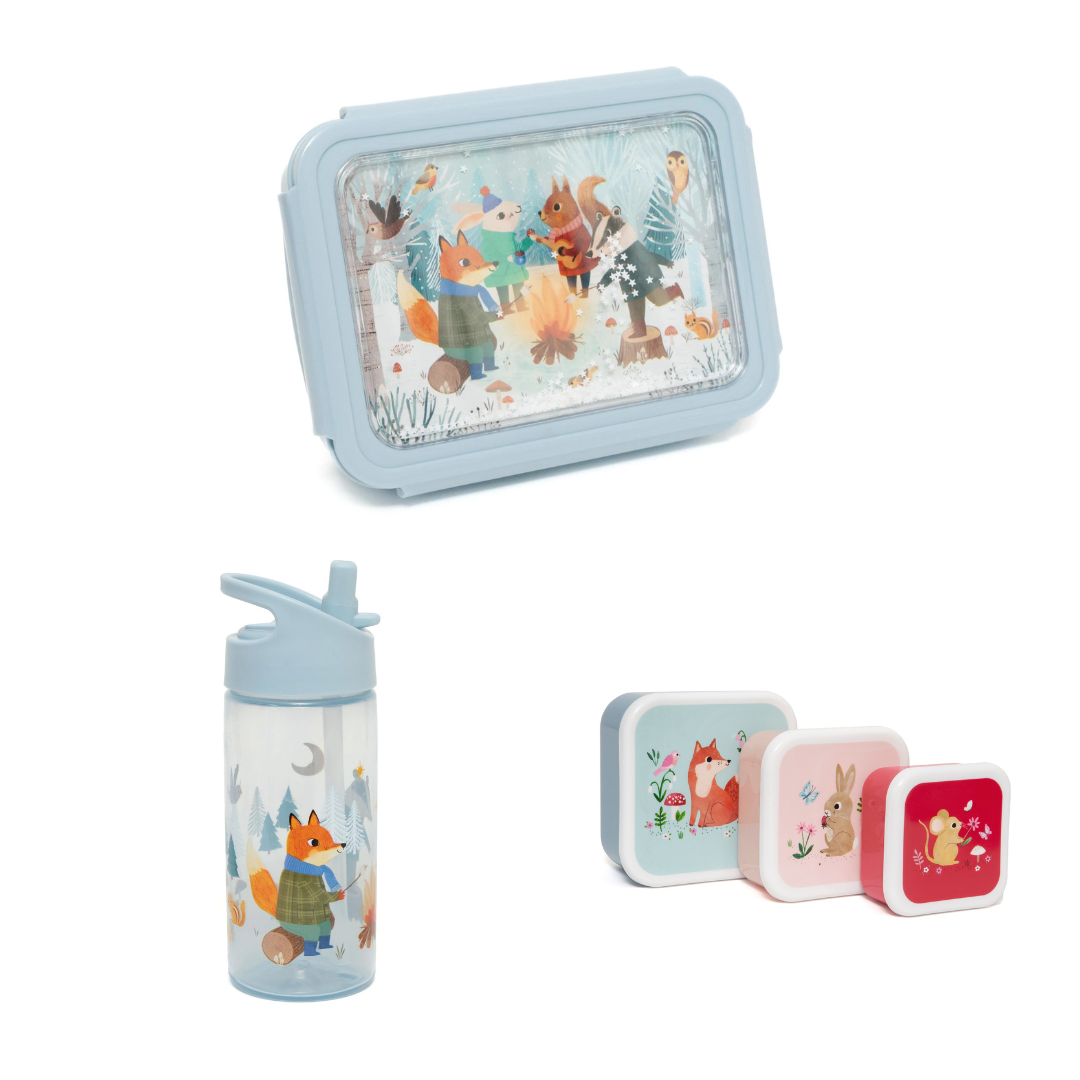 Petit Monkey Bentobox + Snackdozen + Drinkfles Woodland/Bonfire Back to School set - Stone Blue/Animals