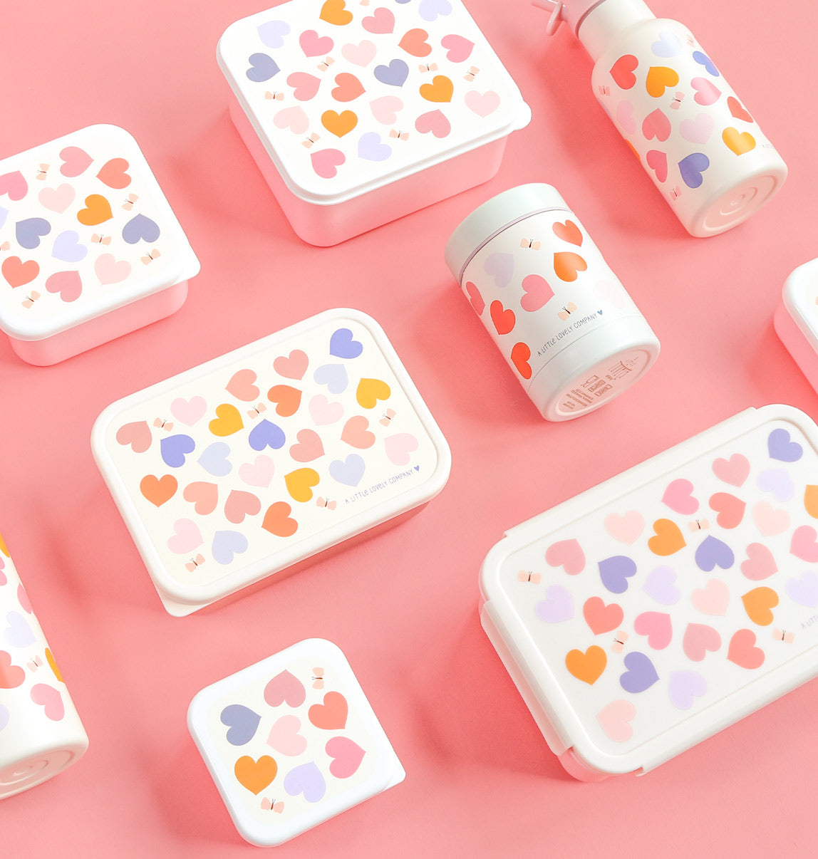 Bundel A Little Lovely Company Back to school set - Drinkfles RVS/4 Snackdozen/Bentobox - Hearts
