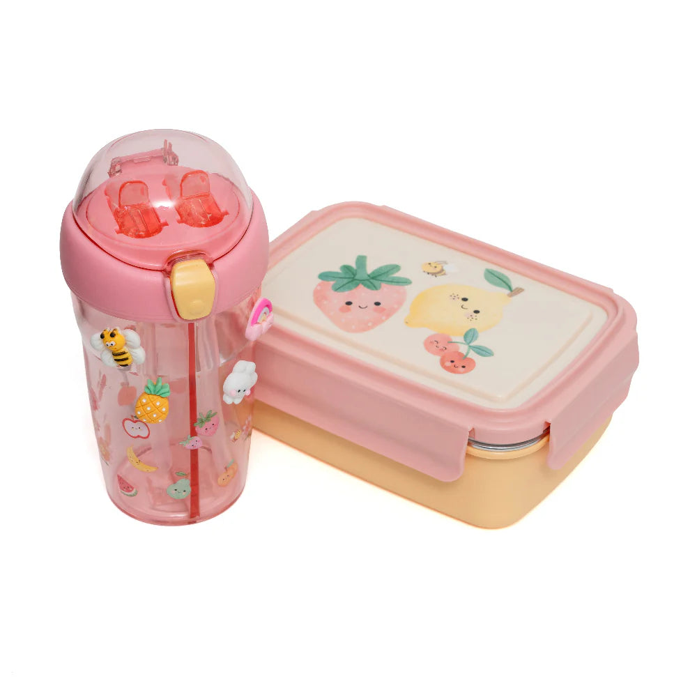 Bundel Petit Monkey Back to School set Sparkling Fruits - Bentobox + Drinkfles - Roze