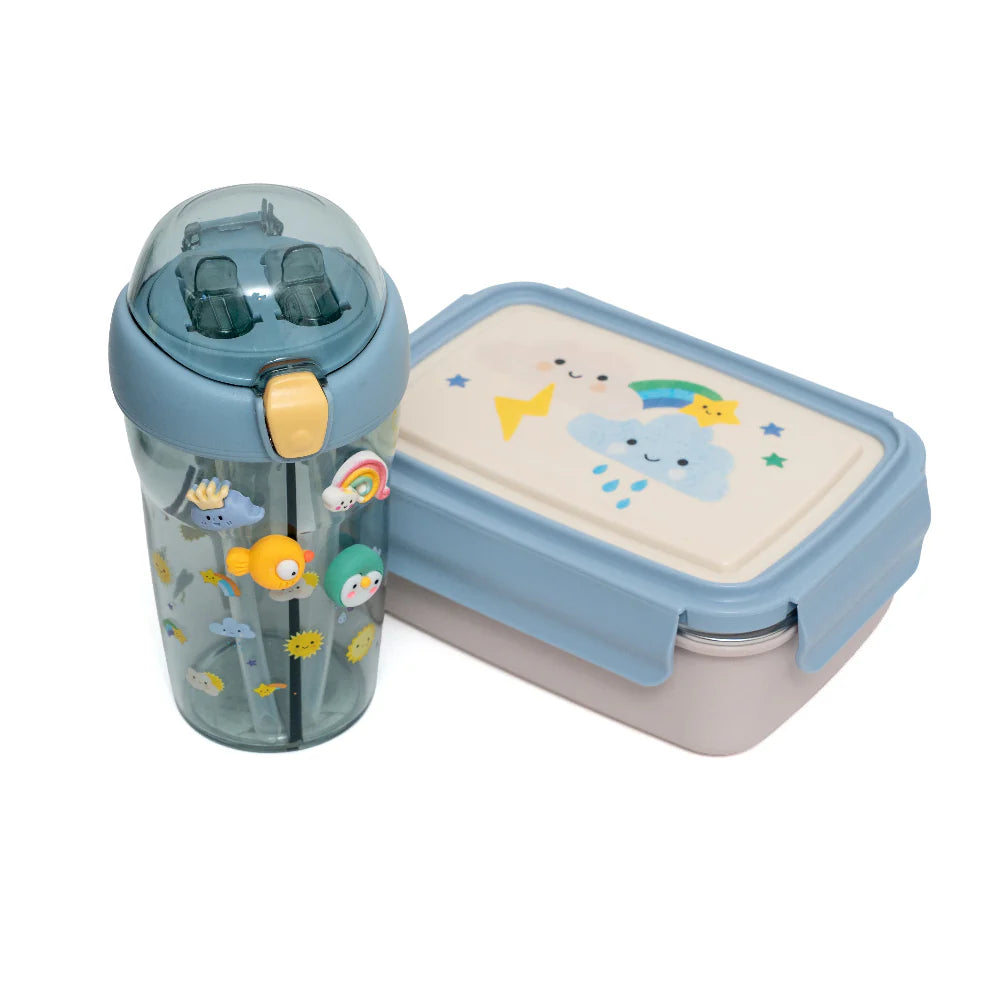 Bundel Petit Monkey Back to School set Sparkling Sky - Bentobox + Drinkfles - Blauw