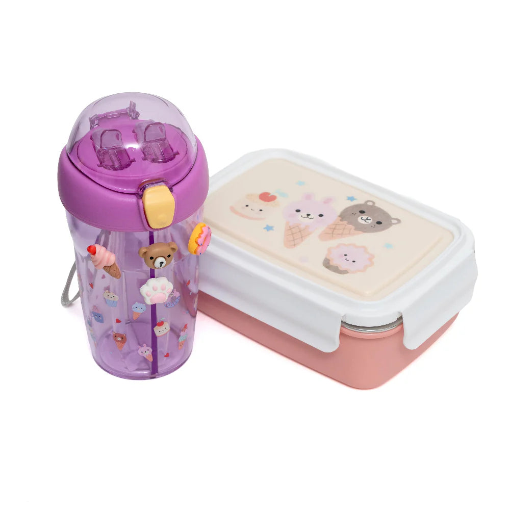 Bundel Petit Monkey Back to School set Sparkling Sweets - Bentobox + Drinkfles - Lila