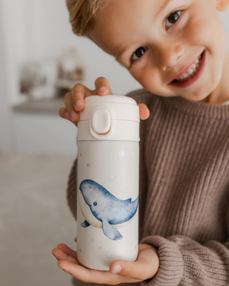 Petit Monkey Thermo Drinkfles Whale Back to School - Wit
