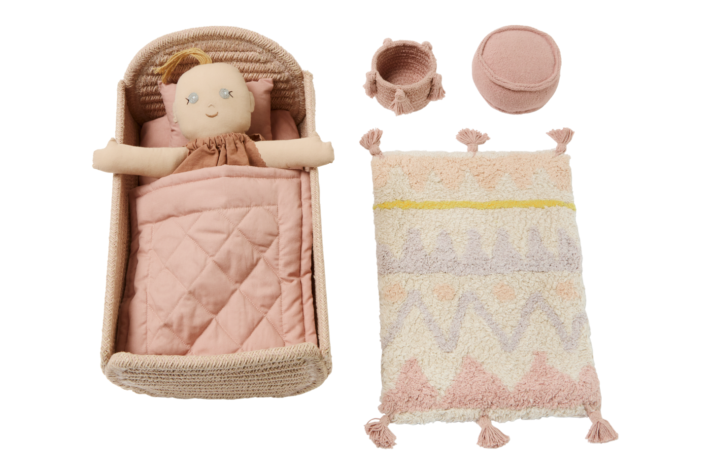 Lorena Canals Mini Ammi set - Tapijt, poef, opbergmand, bed, beddengoed en pop - Roze