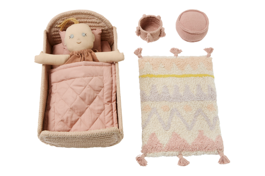 Lorena Canals Mini Ammi set - Carpet, pouffe, storage basket, bed, bedding and doll - Pink