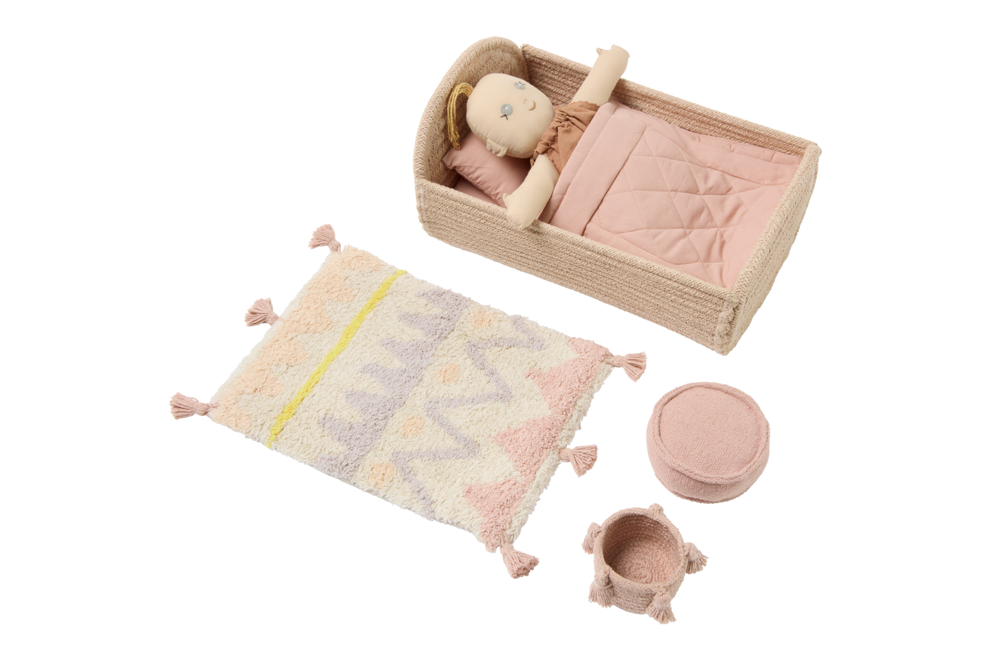 Lorena Canals Ensemble Mini Ammi - Tapis, pouf, panier de rangement, lit, literie et poupée - Rose