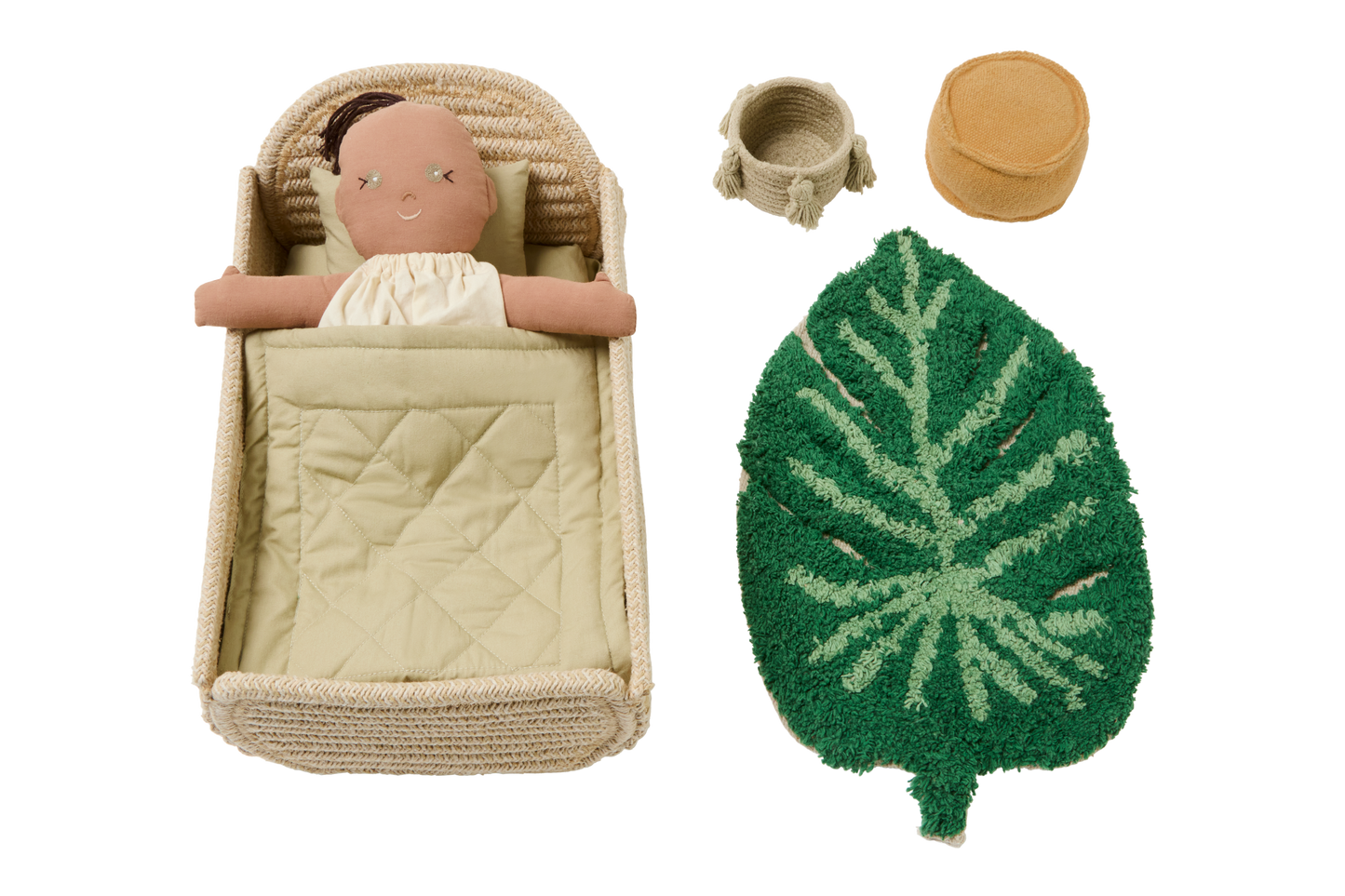 Lorena Canals Mini Ammi set - Carpet, pouffe, storage basket, bed, bedding and doll - Beige/Green