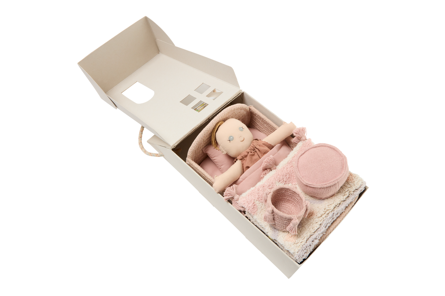 Lorena Canals Mini Ammi set - Tapijt, poef, opbergmand, bed, beddengoed en pop - Roze