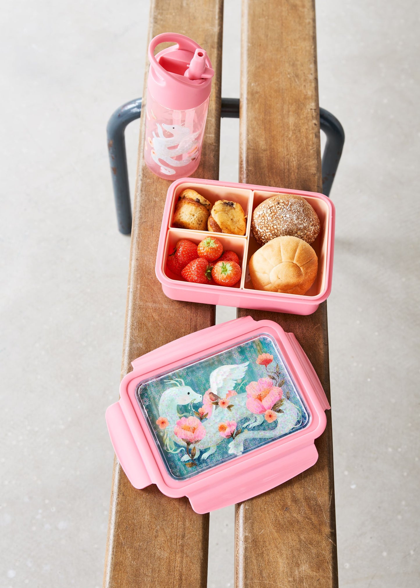 Petit Monkey Bentobox + Drinkfles Fairytale Dragon Back to School set - Pearl Stars/Peony Pink