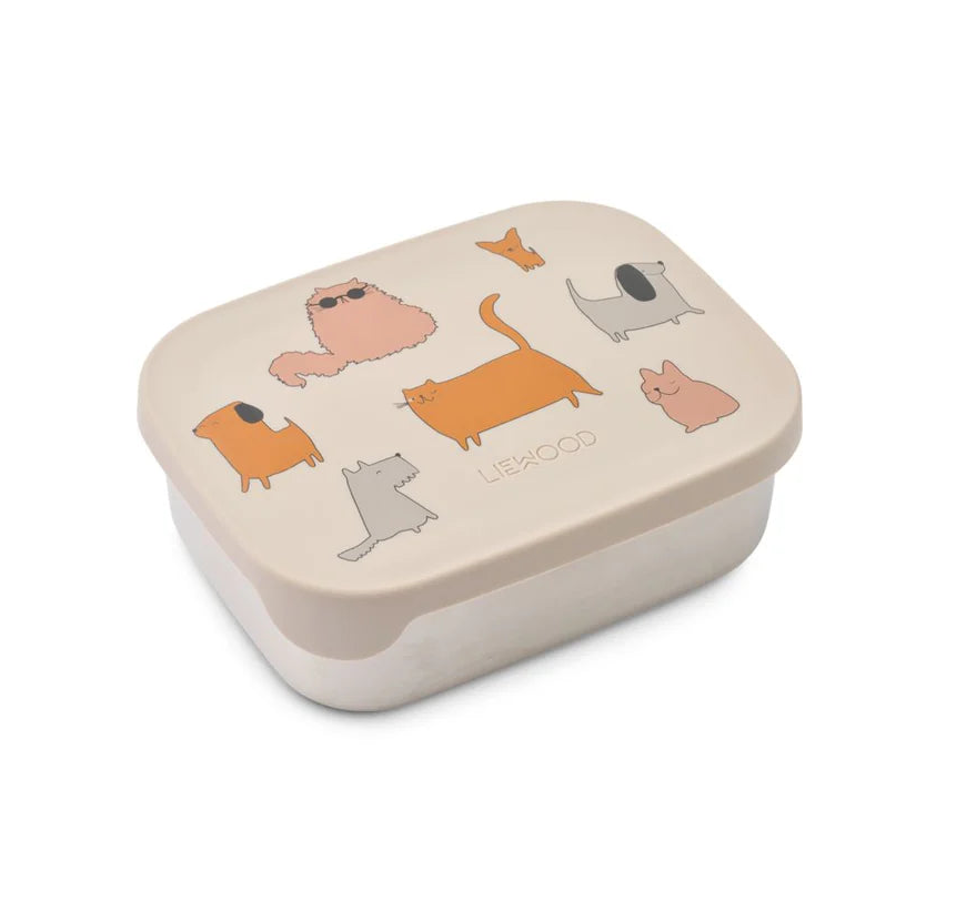 Liewood Arthur Printed Lunchbox - Roestvrij staal - 14x17x6cm - Cats and Dogs/Sandy