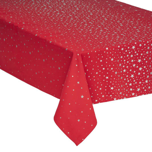 DELUXE XXL tafelkleed kerst katoen - Rood met zilveren sterren - 140 x 360 cm - Katoen - Kersttafelkleed