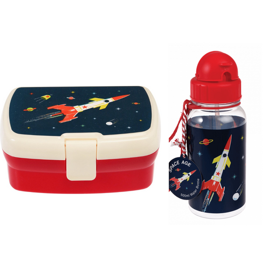 Rex London Lunch Box set avec brun bad / bouteille de boisson - requin