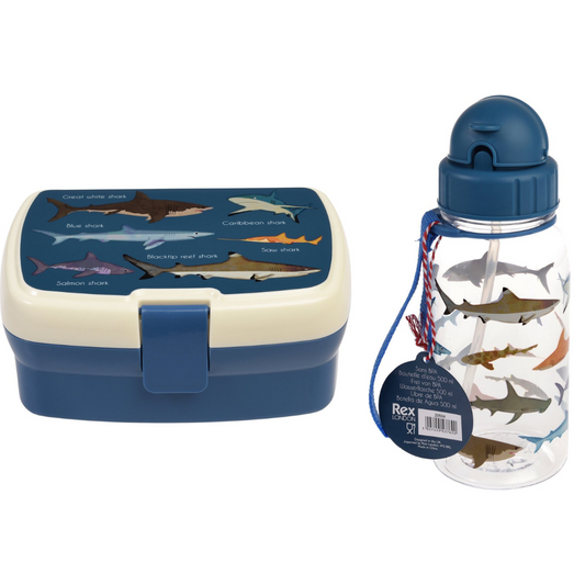 Rex London Lunch Box set avec brun bad / bouteille de boisson - requin