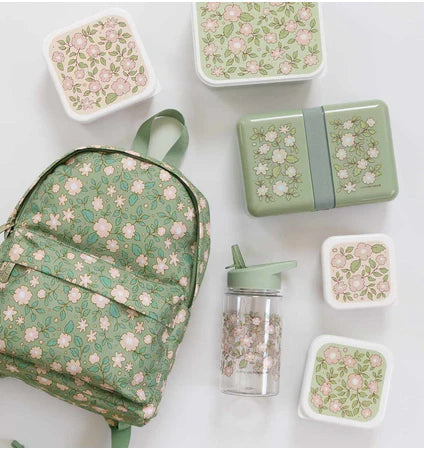 A Little Lovely Company Back to school set - Rugzak/Drinkfles/4 Snackdozen/Bentobox - Bloesems Saliegroen