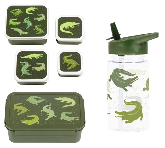 A Little Lovely Company Back to school set - Drinking bottle / 4 Snack boxes / Lunch box - Crocodiles