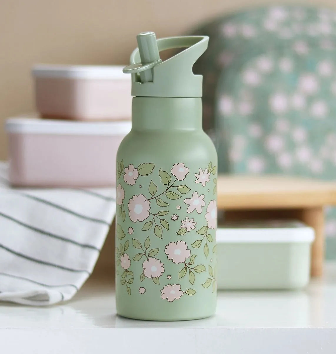 A Little Lovely Company Back to school set - Drinking bottle / 4 Snack boxes / Lunch box - Bloesels sage green