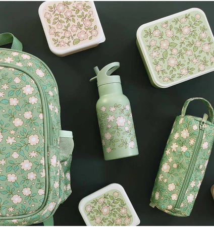 A Little Lovely Company Back to school set - Rugzak/Drinkfles RVS/4 Snackdozen/Bentobox - Bloesems Saliegroen