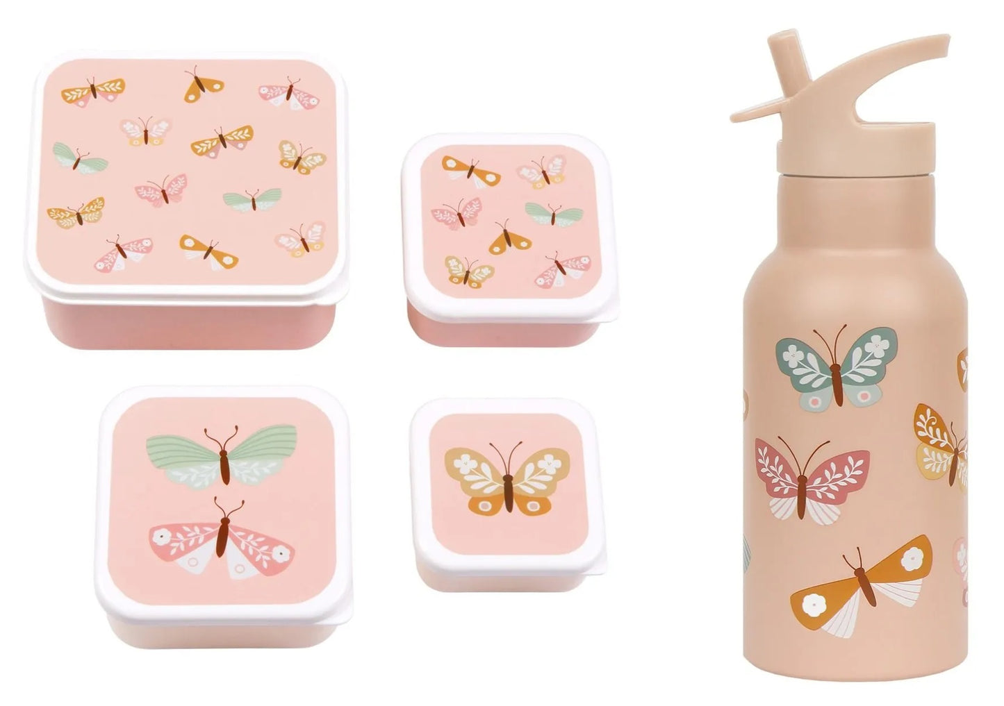 A Little Lovely Company Back to school set - Drinkfles RVS/4 Snackdozen/Lunchbox - Vlinders