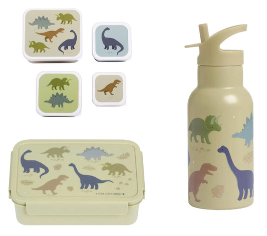 A Little Lovely Company Back to school set - Drinkfles RVS/4 Snackdozen/Bento box - Dinosaurussen