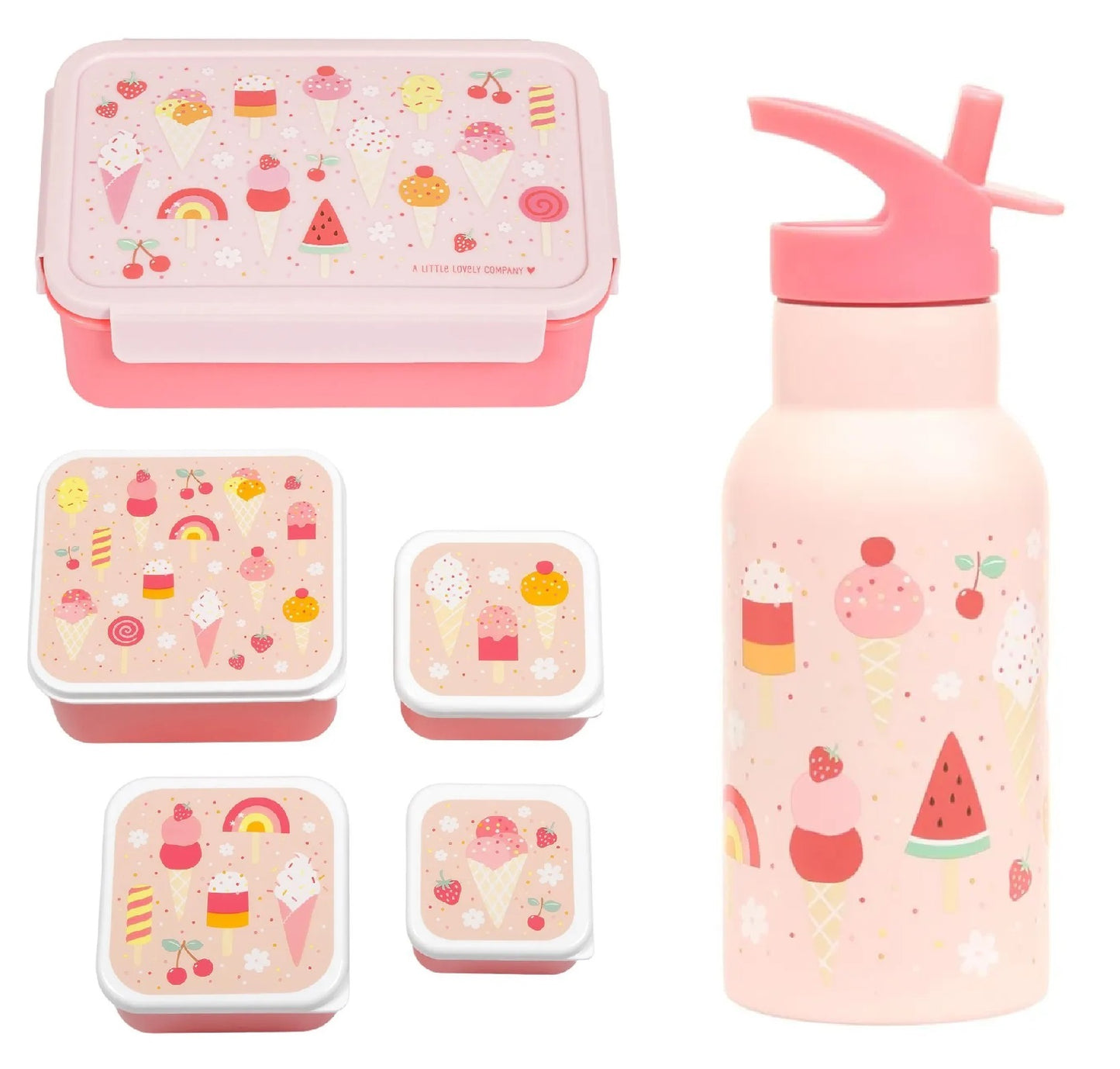 A Little Lovely Company Back to school set - Dubbelwandige Drinkfles / 4 Snackdozen / Lunchbox - Ijsjes