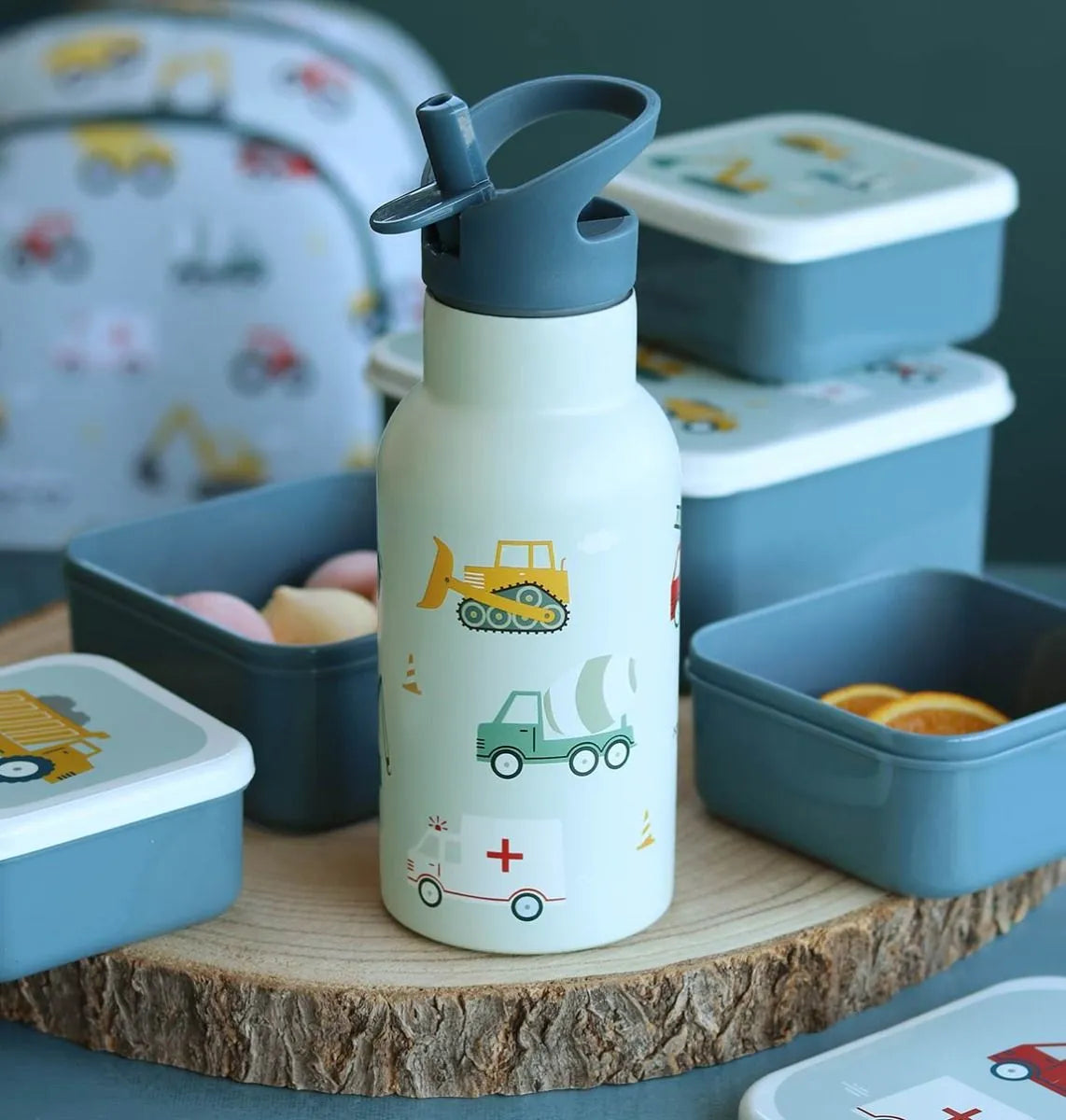 A Little Lovely Company Back to school set - Drinkfles RVS/4 Snackdozen/Bentobox - Voertuigen