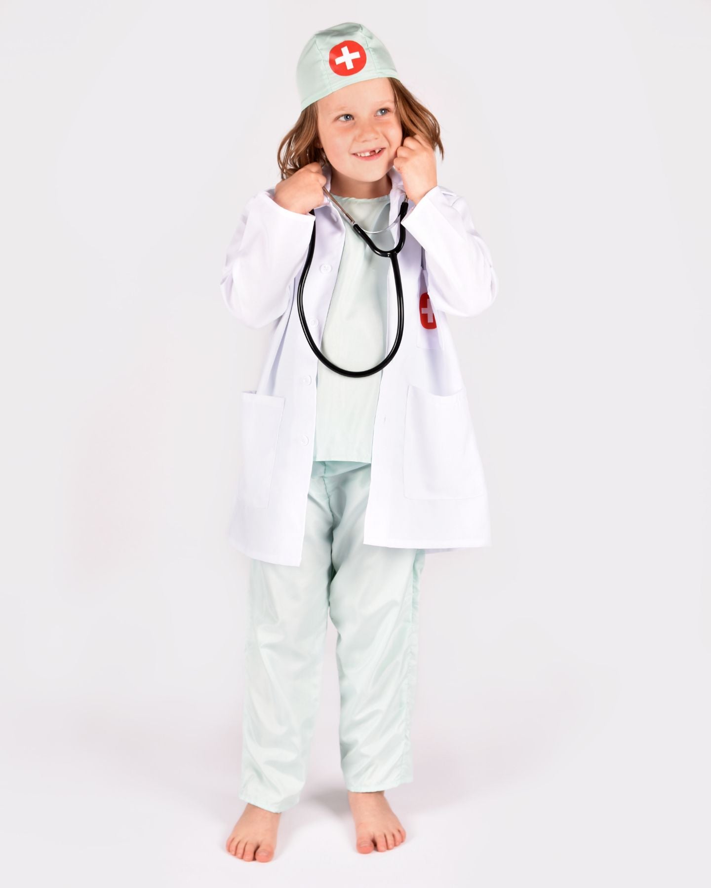 Den Goda Fen Verkleedkledij Dokter - Jas, scrubs en stethoscoop - 104-116cm - 4-6 jaar - Wit/Groen