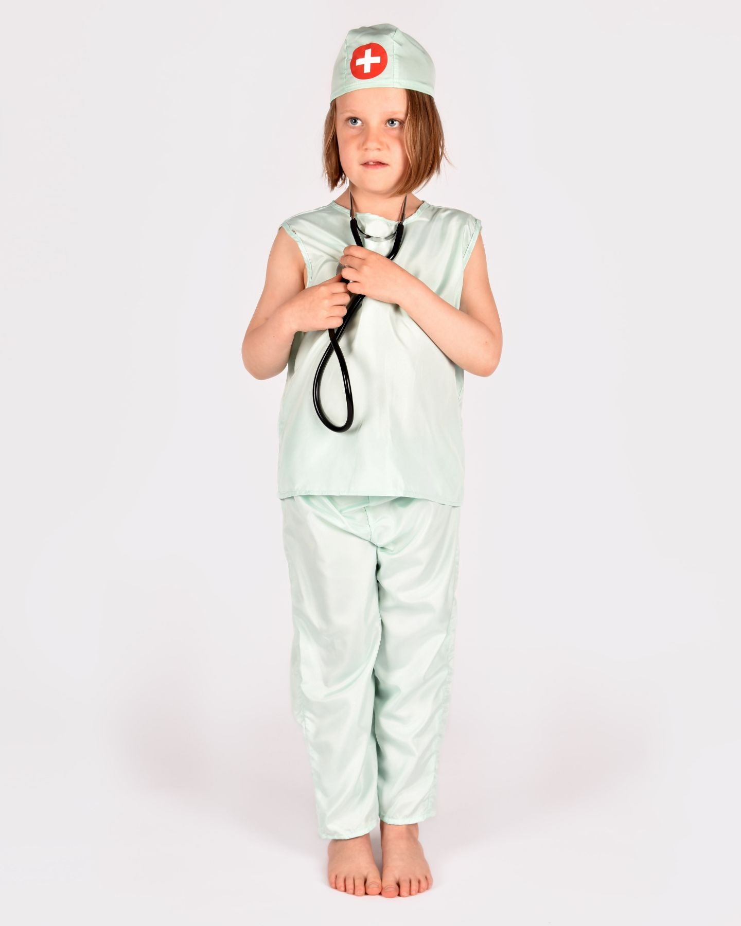 Den Goda Fen Verkleedkledij Dokter - Jas, scrubs en stethoscoop - 104-116cm - 4-6 jaar - Wit/Groen