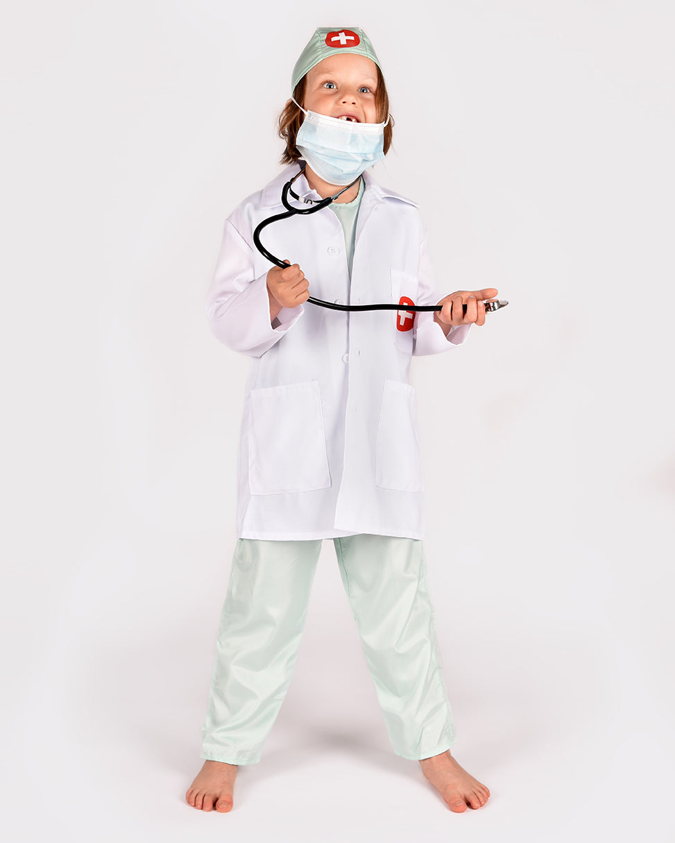 Den Goda Fen Verkleedkledij Dokter - Jas, scrubs en stethoscoop - 104-116cm - 4-6 jaar - Wit/Groen