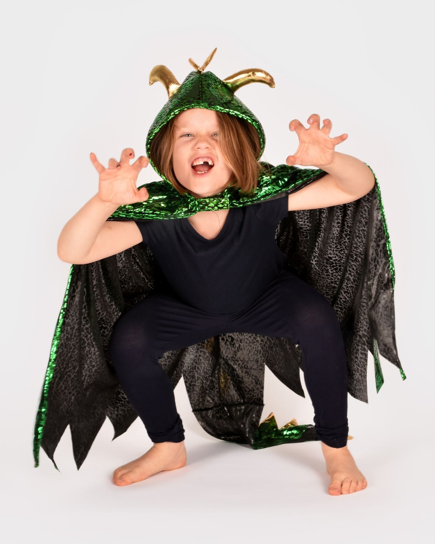 Den Goda Fen Vêtements de déguisement Dragon - Cape avec capuche et ailes - 104-128 cm - 3-8 ans - Vert