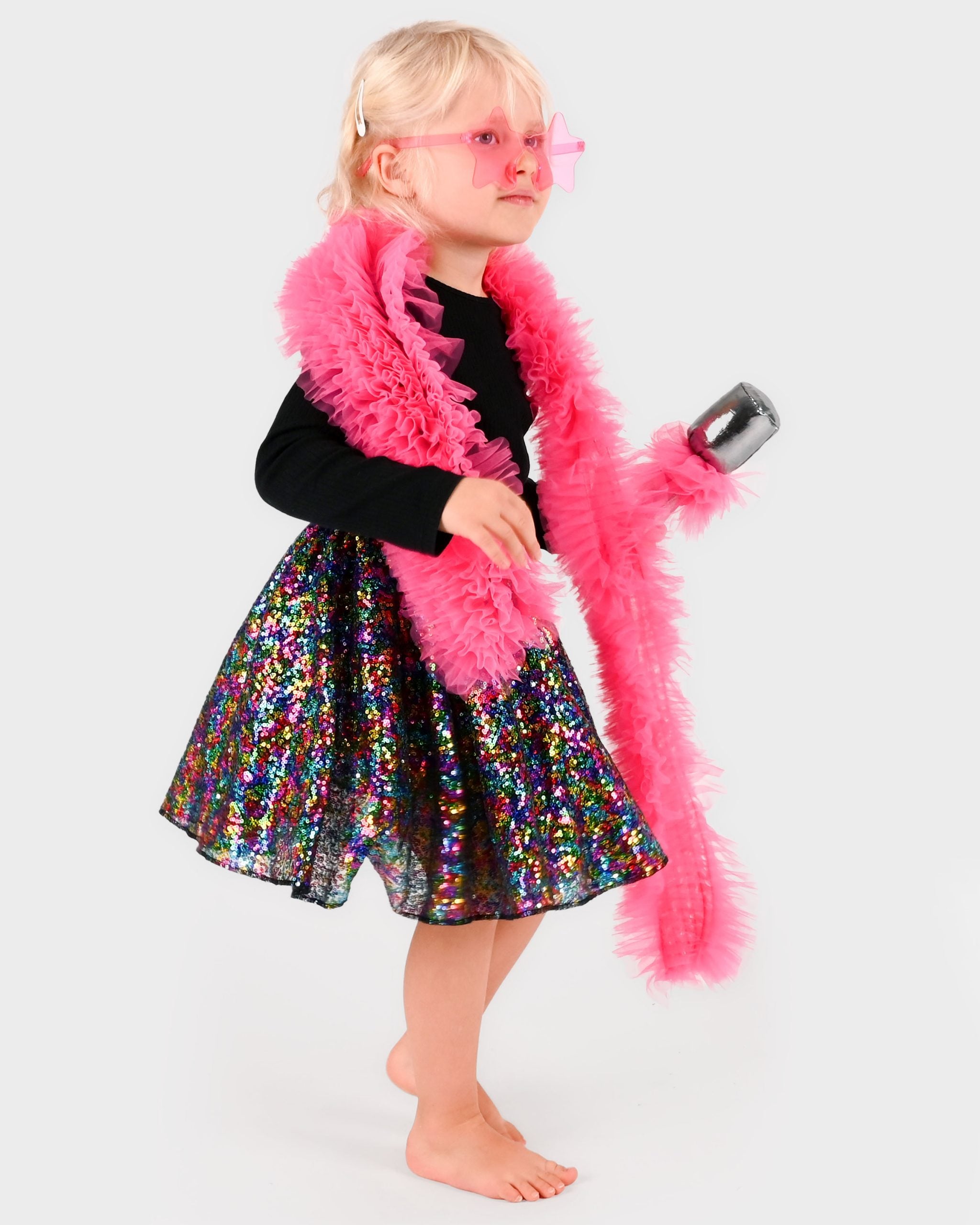 Den Goda Fen Verkleedkledij Disco Rok met microfoon, boa en bril - 110-116cm - 4-6 jaar