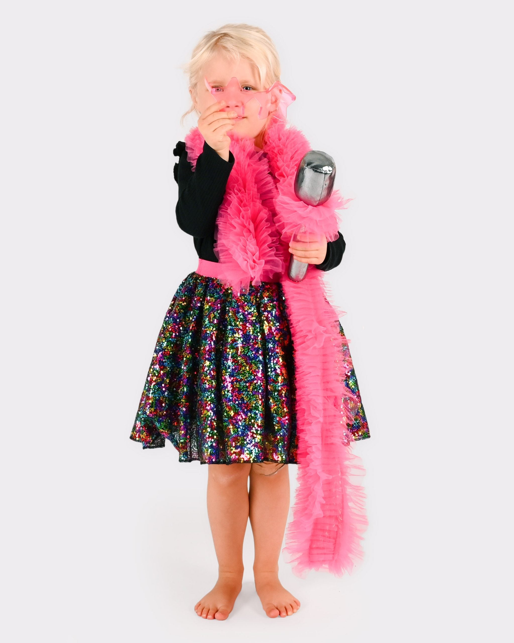 Den Goda Fen Verkleedkledij Disco Rok met microfoon, boa en bril - 110-116cm - 4-6 jaar
