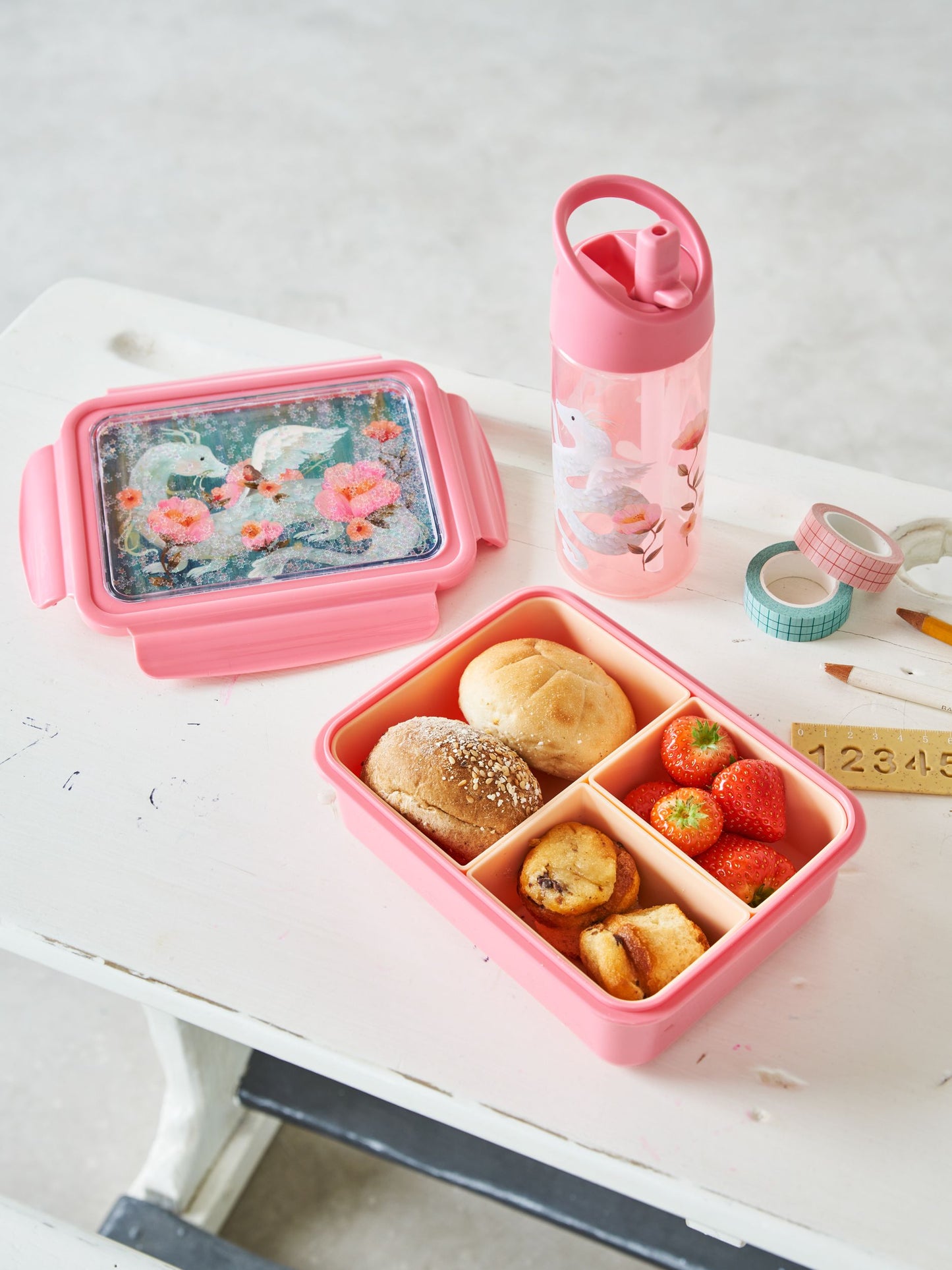 Petit Monkey Bentobox + Drinkfles Fairytale Dragon Back to School set - Pearl Stars/Peony Pink