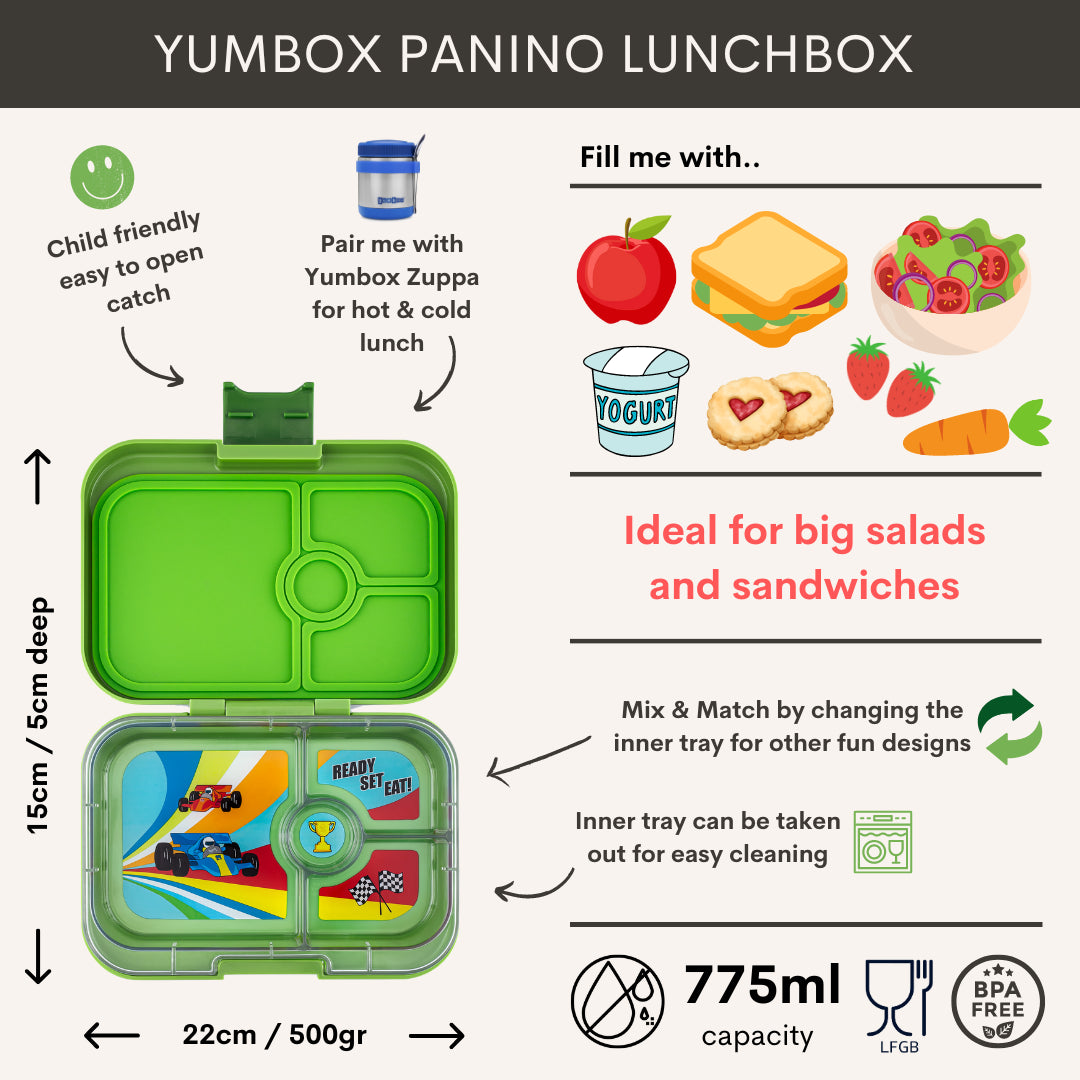 Yumbox Panino Bentobox 4 vakken - 22x15x5cm - Matcha Green/Race Cars Tray