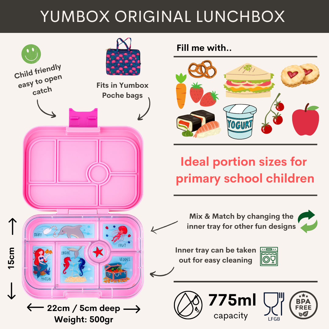 Yumbox Original Bentobox 6 vakken - 22x15x5cm - Power Pink/Mermaid Tray