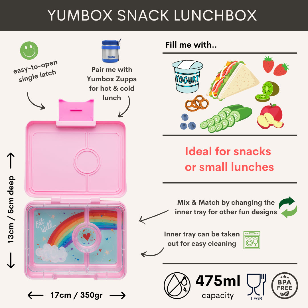 Yumbox Bentobox/Snackdoos 3 vakken - 17x13x5cm - Power Pink/Rainbow Tray