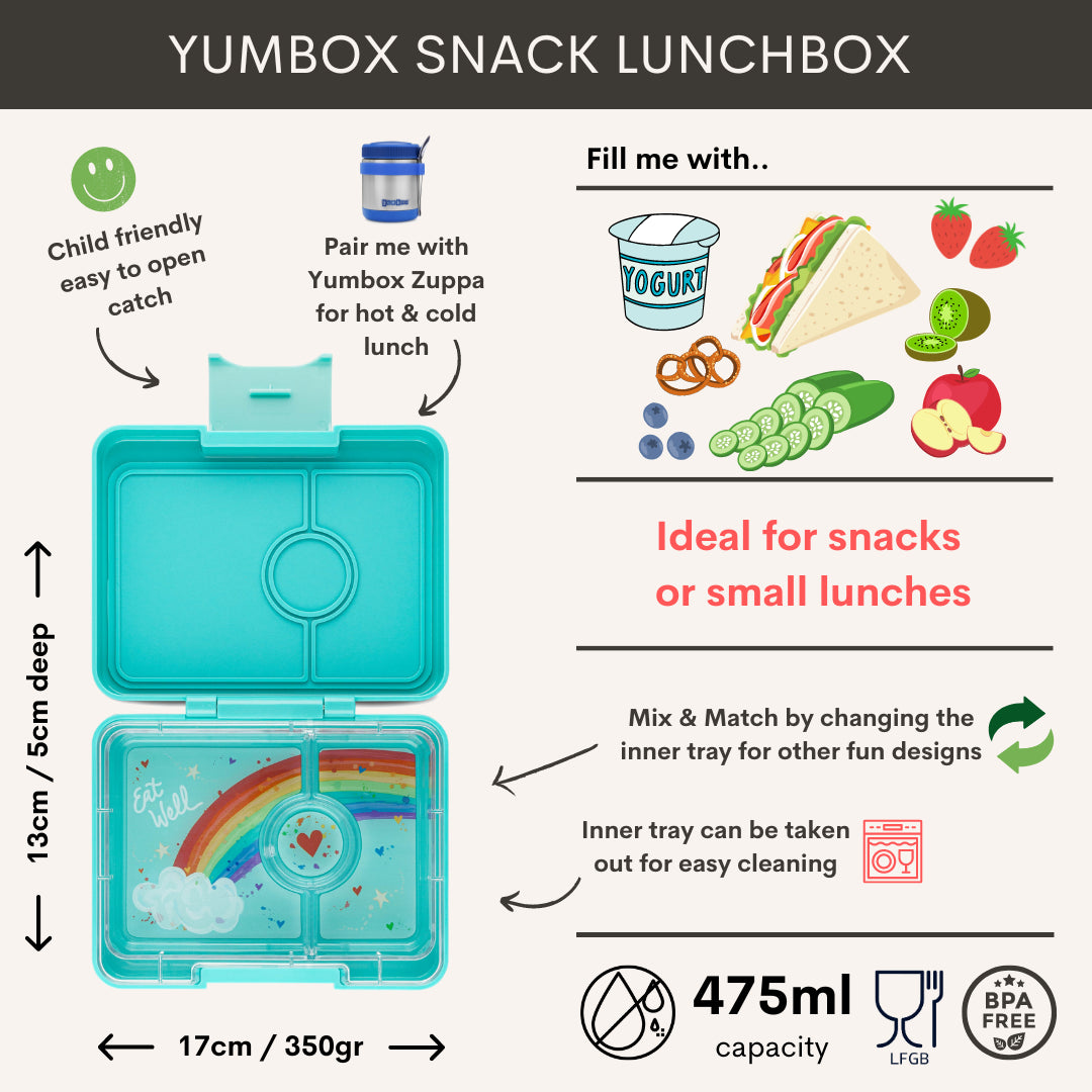 Yumbox Bentobox/Snackdoos 3 vakken - 17x13x5cm - Misty Aqua/Rainbow Tray