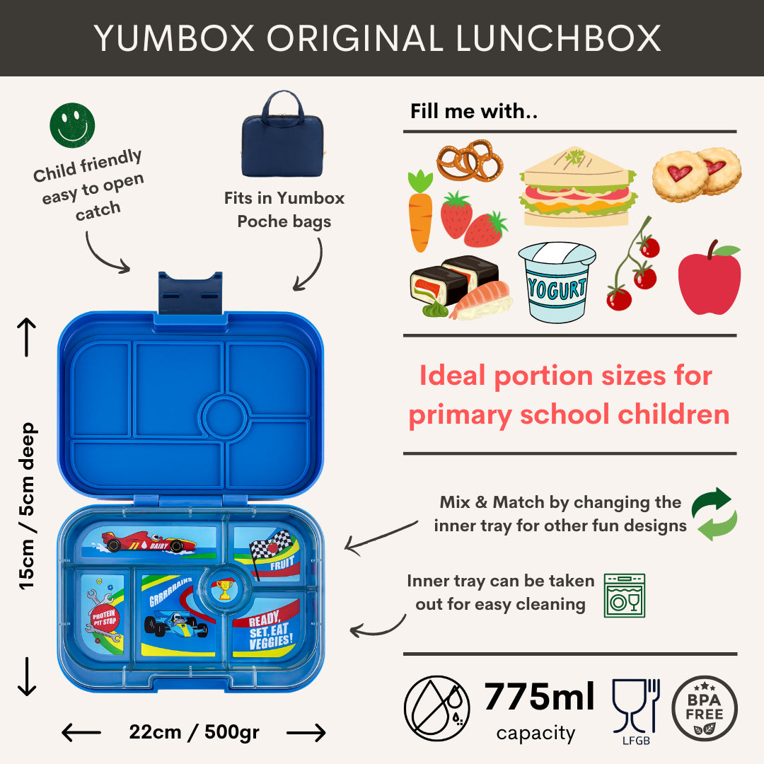 Yumbox Original Bentobox 6 vakken - 22x15x5cm - Surf Blue/Race Cars Tray