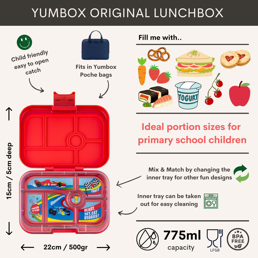 Yumbox Original Bentobox 6 vakken - 22x15x5cm - Roar Red/Race Cars Tray