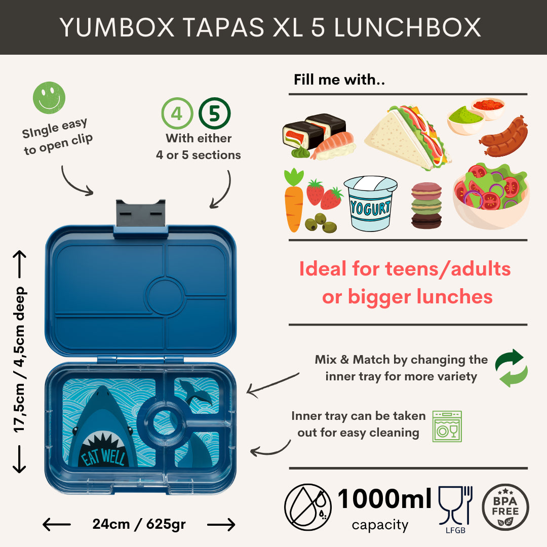 Yumbox Tapas XL Bentobox 4 vakken - 24x17,5x4,5cm - Monte Carlo Blue/Shark Tray