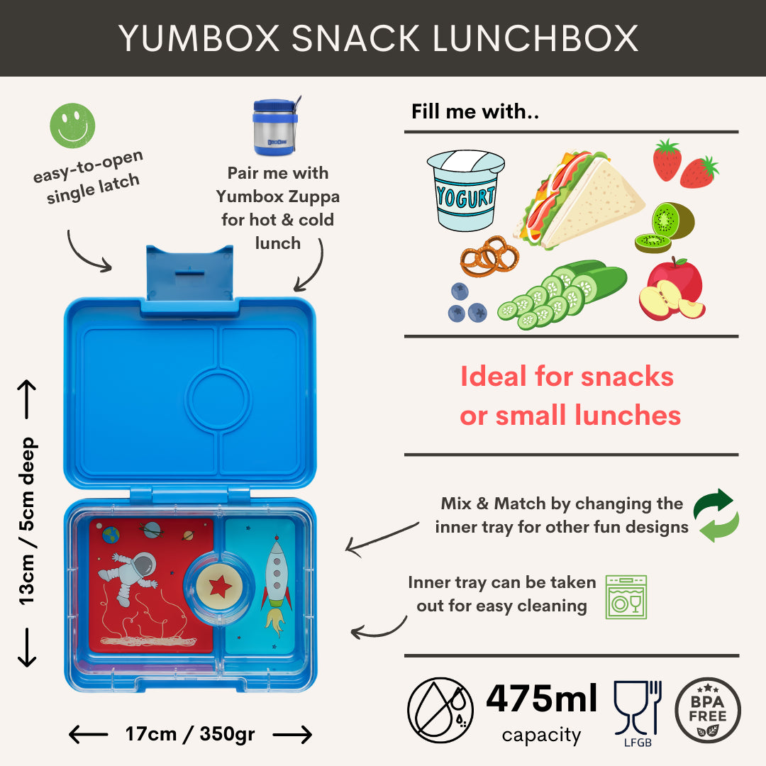 Yumbox Bentobox/Snackdoos 3 vakken - 17x13x5cm - Surf Blue/Rocket Tray