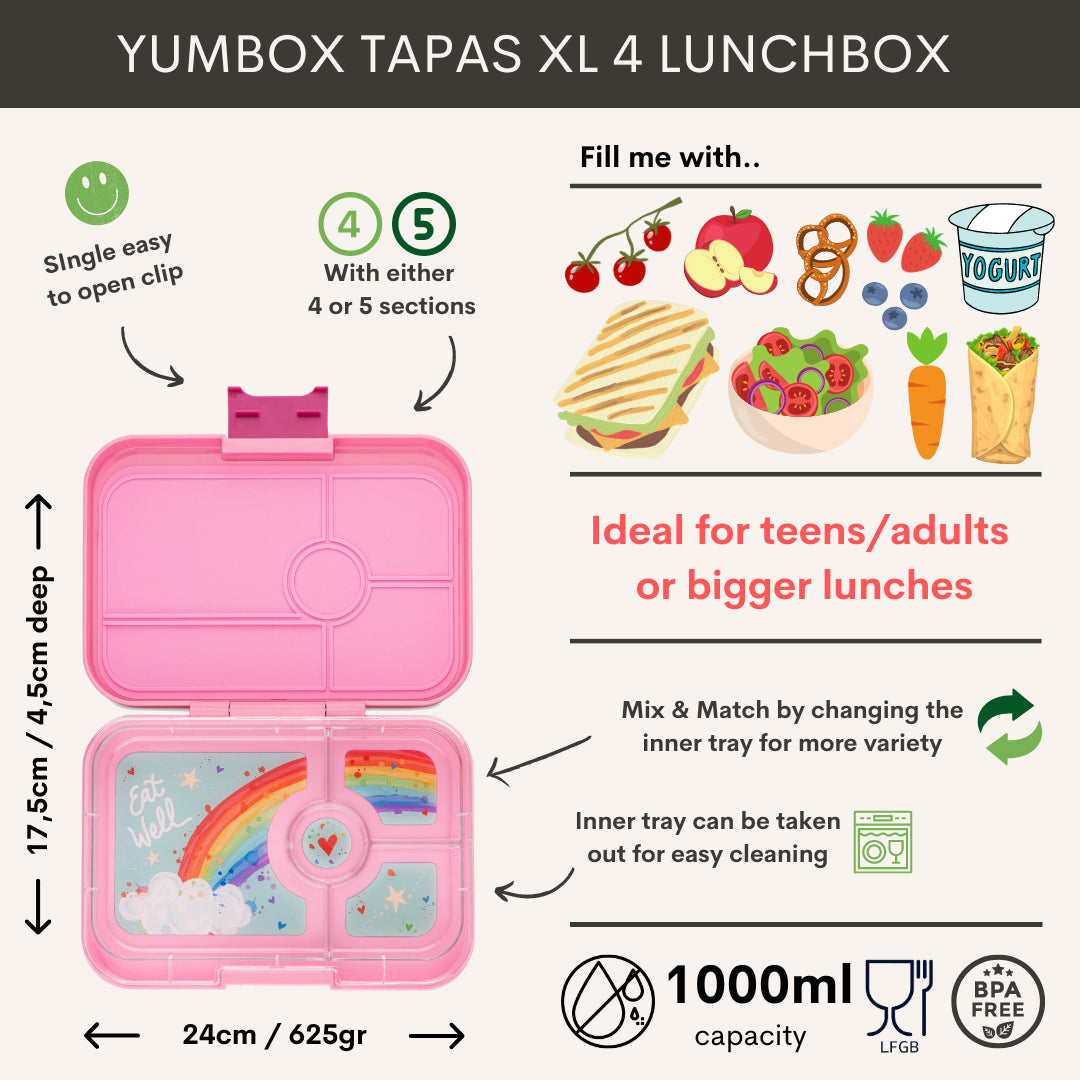 Yumbox Tapas XL Bentobox 4 vakken - 24x17,5x4,5cm - Capri Pink/Rainbow Tray