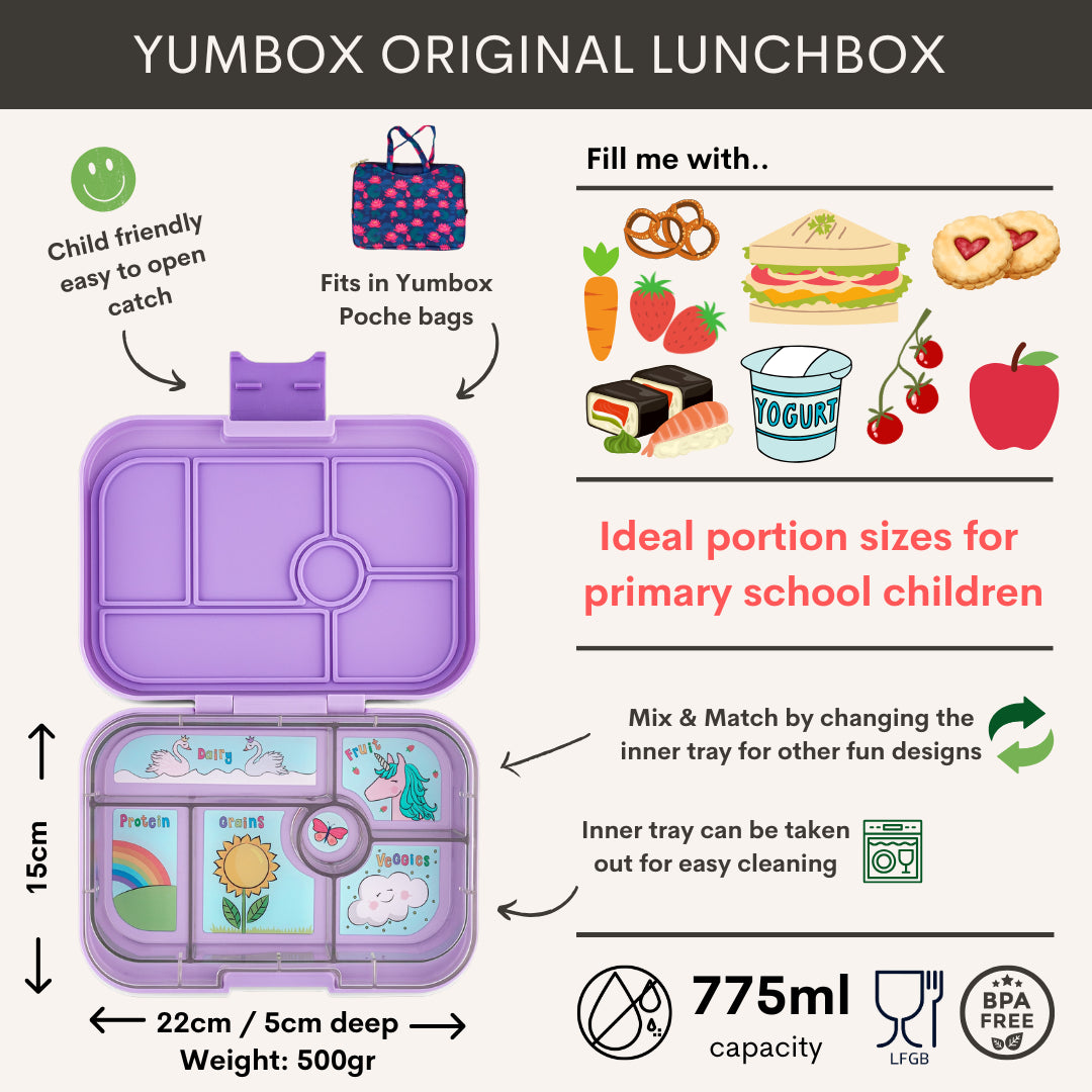 Yumbox Original Bentobox 6 vakken - 22x15x5cm - Lavande Paars / Eenhoorn Tray