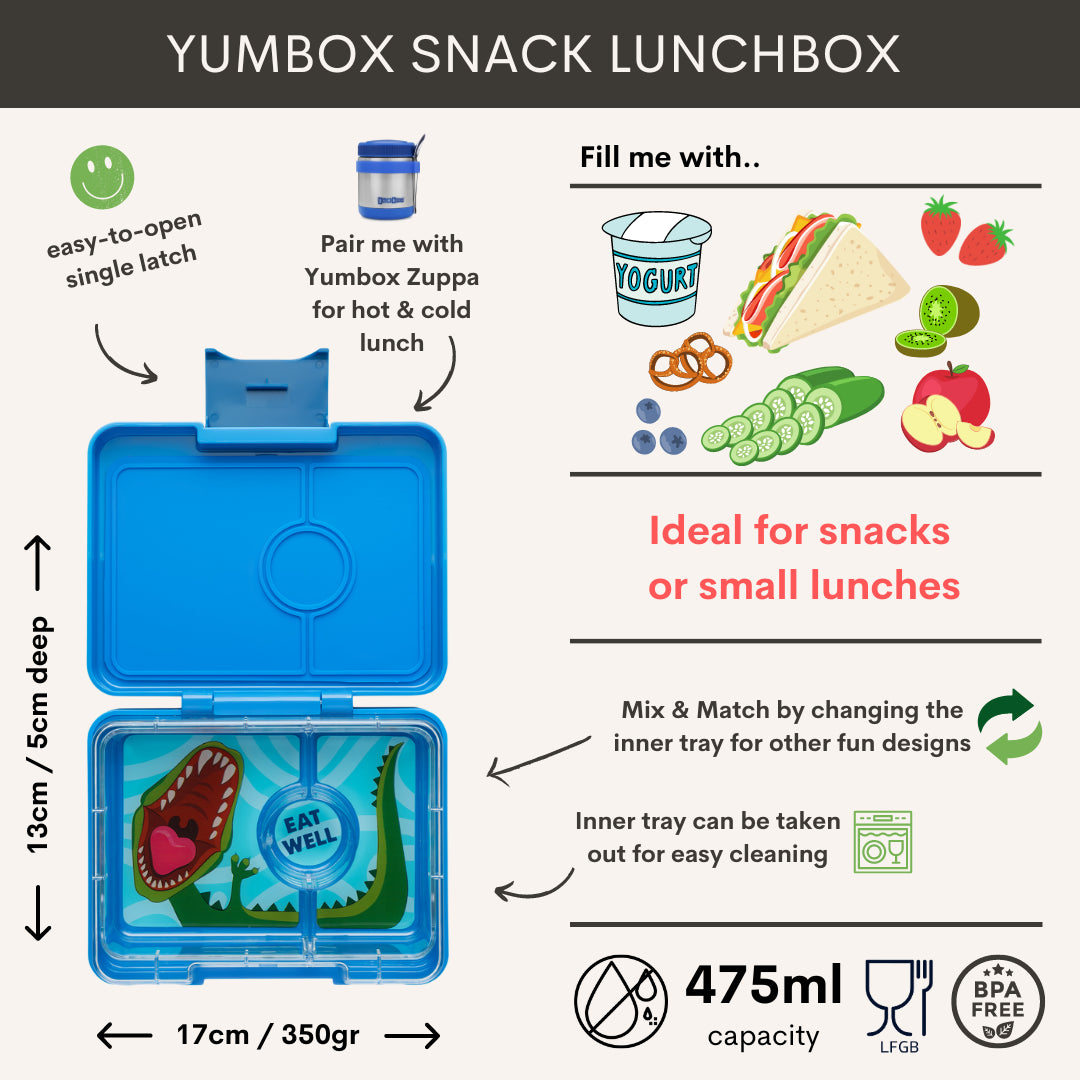 Yumbox Bentobox/Snackdoos 3 vakken - 17x13x5cm - Surf Blue/Dinosaur Tray