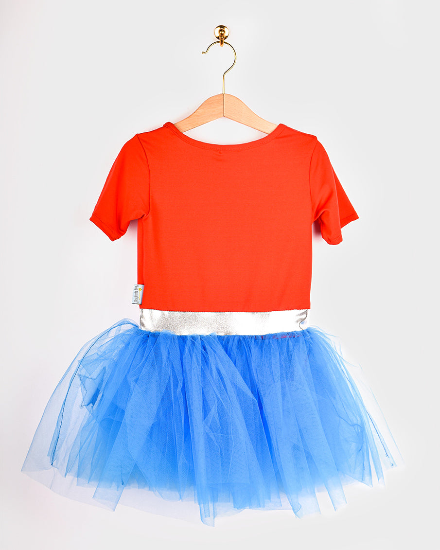 Den Goda Fen Verkleedkledij Wondergirl - Jurk met cape - 110-116cm - 4-6 jaar - Rood/Blauw