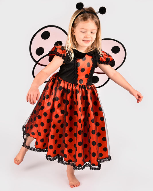 Den Goda Fen Ladybug fancy dress costume - Dress, wings and headband - 110-116cm - 4-6 years - Red/Black