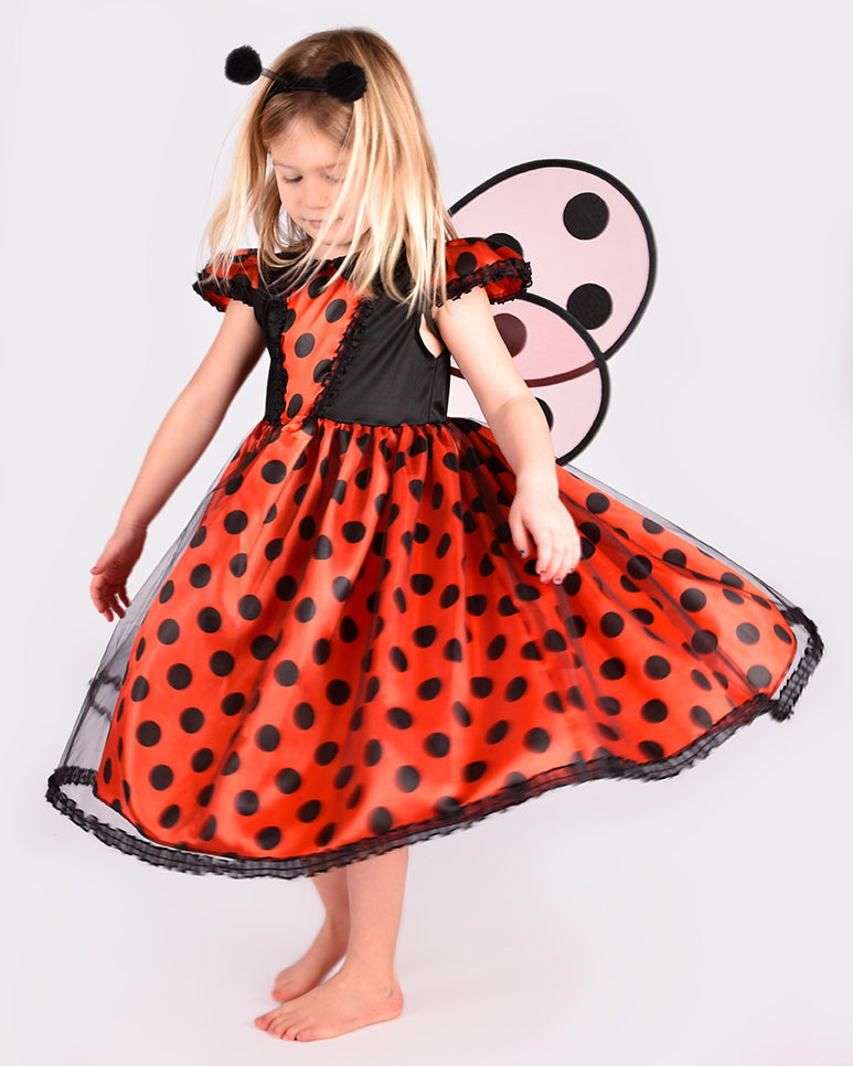 Den Goda Fen Dress Up Ladybug - Robe, ailes et bandeau - 98-104cm - 2-4 ans - Rouge/Noir