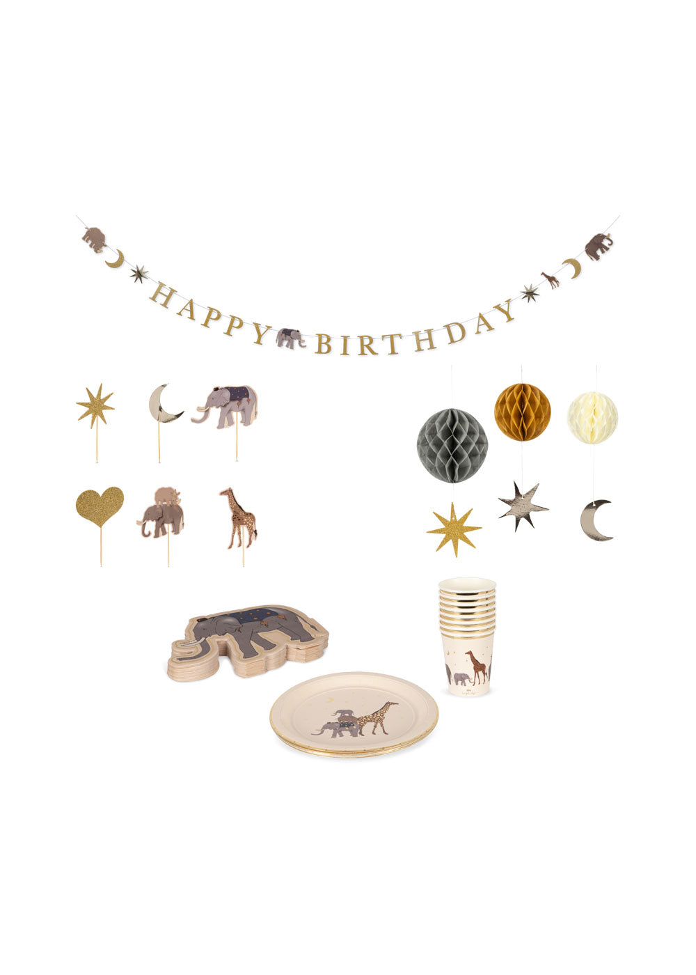 Konges Sløjd Happy Birthday kit - Bekers, ballon, slinger, servetten, taarttopper, pompon - Safari